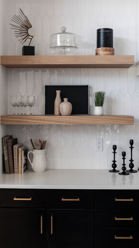 Kitchen Backsplash Ideas With White Oak Cabinets, Floating Shelves Kitchen Dark Cabinets, Small Kitchens With Open Shelving, Tile Backsplash Bar Area, Wine Bar Backsplash Ideas, Backsplash For Bar Area, Subway Tile Bar Backsplash, Modern Kitchen Apartment Decor, Bar Area Backsplash