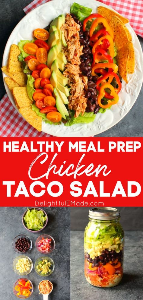 This simple Chicken Taco Salad recipe is the perfect healthy lunch for packing and taking to work! Loaded with savory shredded chicken, black beans and veggies, this taco salad will be your new favorite meal prep salad idea! || Delightful E Made Lunch To Pack For Work, Chicken Taco Salad Recipe, Prep Salad, Meal Prep Chicken, Chicken Black Beans, Taco Salad Recipe, Healthy Tacos Salad, Chicken Taco Salad, Chicken Tacos Easy