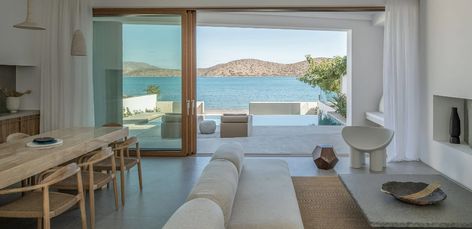 Elounda Villa in Crete, Greece | Villa rentals Elounda Crete, Greece House, Private Pool Villa, Greece Villa, Beachfront Villa, Design Palette, Luxury Villa Rentals, Crete Greece, Guest Experience