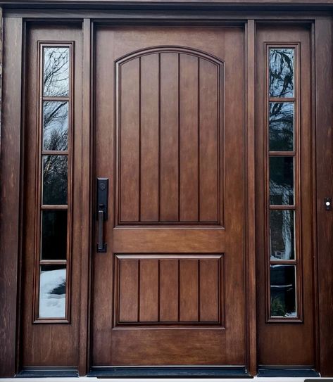 French Country Front Door Entrance, Large Wood Front Door, Solid Wood Exterior Door, Solid Front Door With Sidelights, Wooden Exterior Doors, Oversized Front Door, Craftsman Style Front Doors, Unique Front Door, Exterior Door Styles