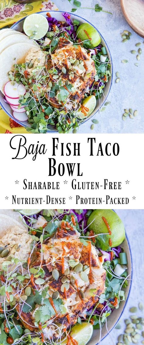 Fish Bowl Recipe, Fish Taco Bowl, Baja Fish Tacos, Halibut Recipes, Taco Bowl, Red Chili Sauce, Healthy Bowls Recipes, Avocado Crema, Fish Taco