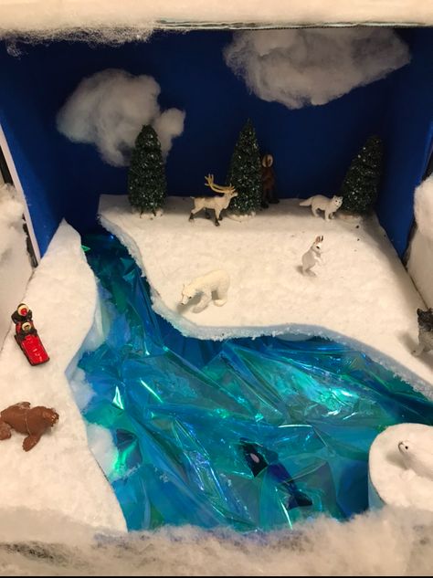 Shoebox arctic tundra Shoe Box Diorama, Penguins Project, Arctic Habitat, Biomes Project, Diorama Kids, Diarama Ideas, Ecosystems Projects, Bear Habitat, Habitats Projects