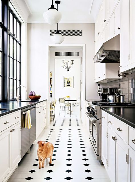 Classic White Kitchen With Black Accents Interior Design New York, Black And White Tile, Small Galley Kitchen, Galley Kitchen Remodel, Galley Kitchens, Narrow Kitchen, New York Homes, Galley Kitchen, White Floors