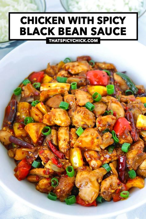 This Chicken with Spicy Black Bean Sauce is a quick and easy weeknight stir-fry that’s full of BIG and BOLD flavors! Tender chicken pieces get tossed with aromatics, onion, bell peppers, and dried red chilies in a wicked delicious sauce that’s infused with savory umami notes from a spicy black bean stir-fry sauce! #fermentedblackbeans #blackbeansauce #chicken #stirfry #easyrecipes #weeknight #dinner #chinesefood #asianfood #mealprep | That Spicy Chick Black Bean Sauce Chicken, Asian Recipes Beef, Easy Weeknight Chicken, Dried Red Chili Peppers, Weeknight Chicken, Black Bean Chicken, Bean Sauce, Black Bean Sauce, Chicken Stir Fry