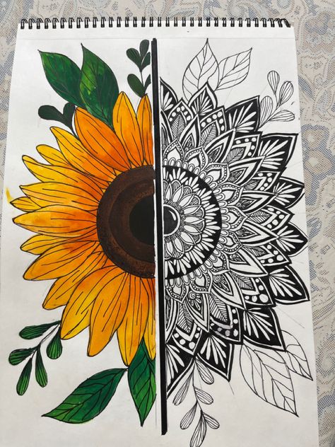 Sunflower Creative Ideas, Mandala With Sunflower, Mandala Art Sunflower, Mandala Unique Design, Sketching Sunflowers, Nature Mandala Drawing, Flower Mandala Sketch, Sunflower Mandala Drawing, Sunflower Design Drawing