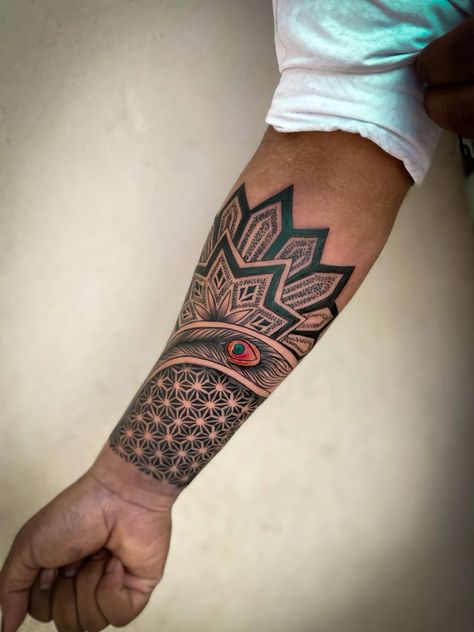 Forearm Tattoos Mandala, Forearm Mandala Tattoo, Calf Tattoo Ideas, Jack Skellington Tattoo, New Beginning Tattoo, Hindu Tattoos, Mandala Tattoo Sleeve, Dr Woo, Hand Cuffs