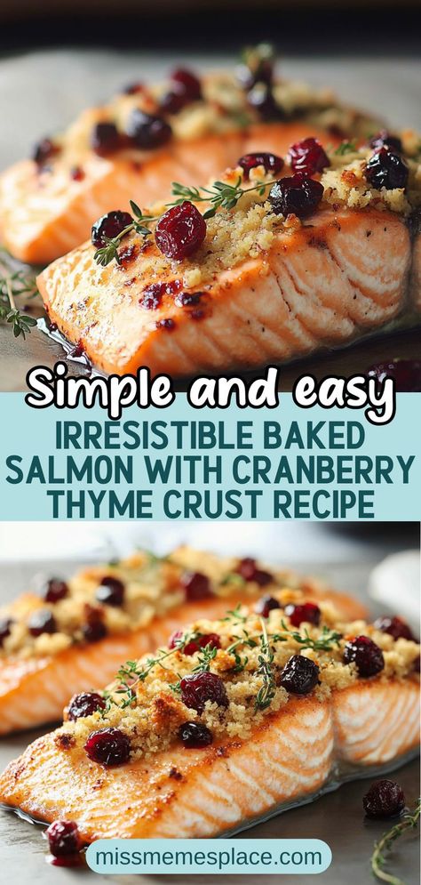 Indulge in the perfect harmony of flavors with this Baked Salmon with Cranberry Thyme Crust. This easy recipe features fresh salmon fillets topped with a sweet, tangy cranberry mixture infused with aromatic thyme. Ideal for weeknight dinners or special occasions, this dish offers a stunning presentation that will impress your guests. Plus, it’s packed with healthy omega-3 fatty acids, making it a nutritious choice for you and your family! Salmon Recipes Crusted, Salmon Recipes For Christmas, Dutch Oven Salmon, Holiday Salmon Recipes, Scottish Salmon Recipe, Fresh Thyme Recipes, Yule Dinner Recipes, Salmon Presentation, Christmas Salmon Recipe