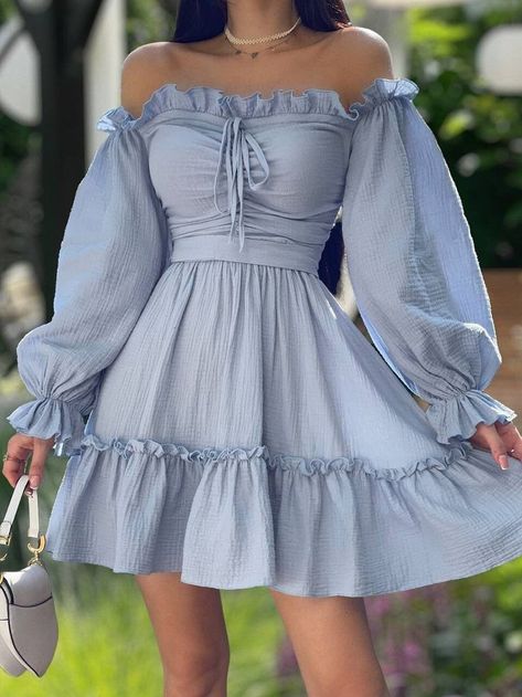 Long Puff Sleeve Dresses, Beautiful Clothes For Women Dresses, Mini Dress For Party, Blue Dress Casual Long Sleeve, Casual Off The Shoulder Dress, Princess Sleeves Dress, Light Blue Short Dress Casual, Puffy Dresses Short Casual, Feminine Dresses Romantic Casual