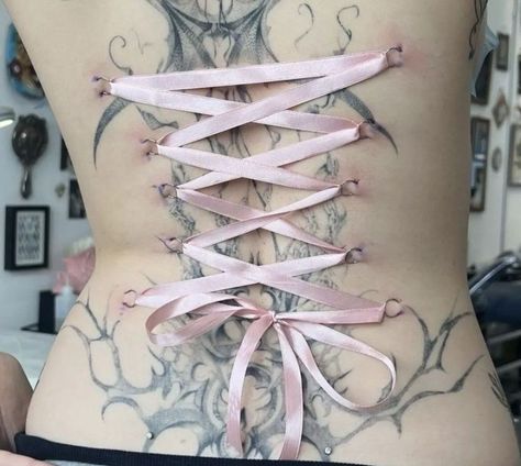 Ribbon Piercing, Corset Tattoo, Back Piercings, Cool Piercings, Bad Tattoos, Cute Piercings, Up Tattoos, Body Piercings, Back Tattoos