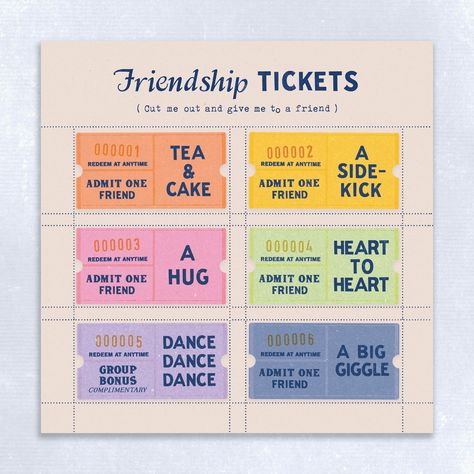 Friendship Ticket Greeting Card https://etsy.me/3d73WJQ #pink #blue #missyou #happybirthday #friendshiptickets #typography #lettering #oldtype  #pink #birthday #yellow #happybirthday #florafricker #graphicdesign #vintage #greetingscard #card Coupon For Friend, Cute Ticket Design, Birthday Coupons For Friends, Cute Tickets For Best Friends, Aesthetic Ticket Sticker, Ticket Design Vintage, Admit One Ticket, Vintage Ticket, Ticket Card