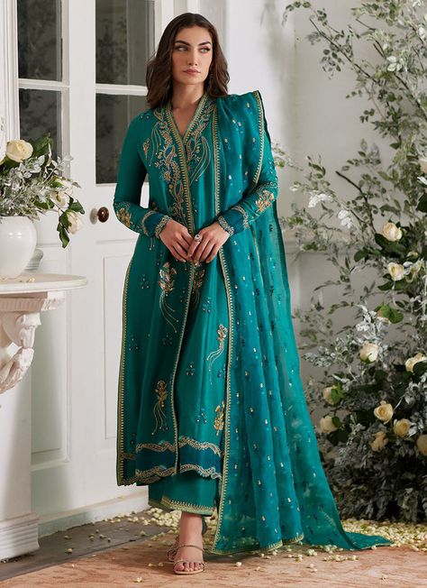 Show details for Ayda Sea Green Shirt and Dupatta Embroidery Dresses, Luxury Pret, Shades Of Teal, Organza Dupatta, Indian Outfit, Silk Pants, Green Shirt, Dark Teal, Embroidery Dress