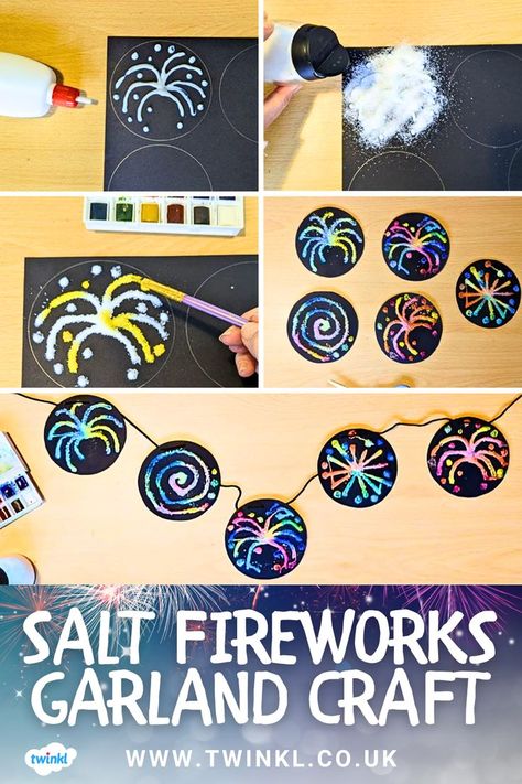 Salt Fireworks Garland Craft Salt Fireworks Craft, Bonfire Crafts, Fireworks Craft For Kids, News Years Crafts For Kids, Indoor Fireworks, Garland Craft, Fireworks Craft, Guy Fawkes, Fireworks Show