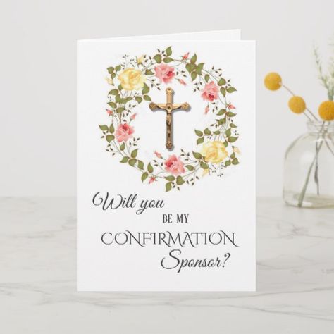 A beautiful card that the person being confirmed can write their own timeless message in & can be cherished forever by their sponsor. Confirmation Sponsor Gifts, Confirmation Sponsor, Christmas Birth Announcement, Catholic Confirmation, Confirmation Cards, Thank You Greeting Cards, Confirmation Invitations, Spring Floral Wreath, Communion Invitations