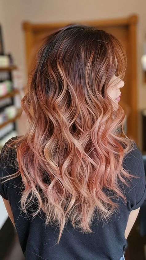 Peach Pink Balayage, Rose Gold Ends Hair, Copper Red Hair Color Balayage Rose Gold, Rose Gold Highlights Curly Hair, Peach Highlights Hair Dark Brown, Pink Toned Hair, Light Pink Balayage, Rose Gold Balayage Brunettes, Subtle Pink Hair