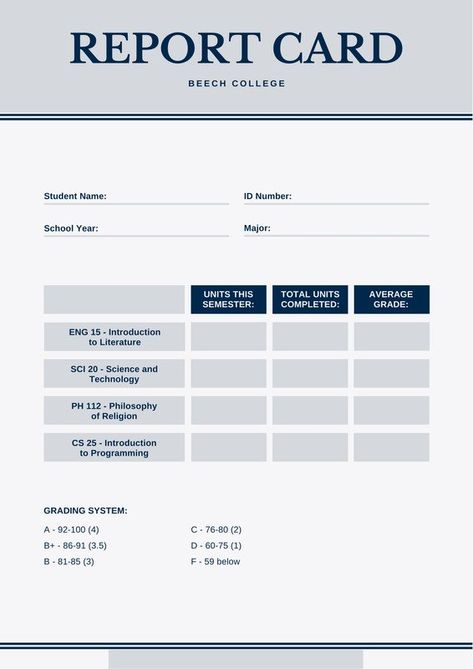 College Report Card Template (1) - TEMPLATES EXAMPLE | TEMPLATES EXAMPLE Fake Report Card, College Report Card, School Report Card, Report Card Template, Grading System, Student Information, Place Card Template, Card Templates Free, Assessment Tools