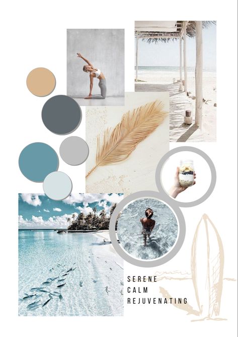 Coastal Mood Boards, Calm Colour Palette, Beach Mood Board, Simple Moodboard, Organic Coastal, Branding Mood Board Inspiration, Business Branding Inspiration, Mediterranean Interior, Spa Interior