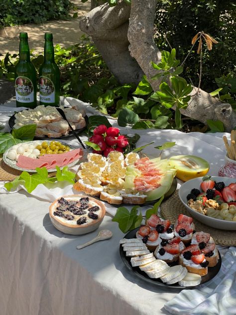 Picnic in the city with lots of plates with different appetizers like Greek yoghurt  olives, salami, bread, bio cider, berries, bruschettas surrounded by green leaves Spanish Picnic, Spain Charcuterie Board, Spanish Cuisine Photography, Food In Spain Aesthetic, Spanish Tapas Photography, Spanish Food, Picnic Foods, Fresh Bread, Summer Picnic