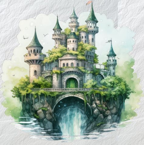 Fairy Castle Drawing, Floating Castle Drawing, Fantasy Castle Painting, Fantasy Castle Drawing, Magic Temple, Fantasy Castle Art, Castle Digital Art, Cute Castle, Floating Castle