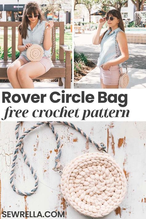 The rover circle bag is perfect for holding your essentials - your phone, wallet, keys, and lipstick. You can also easily adjust the pattern to make it larger to fit your needs! My free crochet pattern is a quick, 2 hour project that can be made for last minute gifts or crafts fairs. Plus, don't miss out on where to find your own, unique strap! #freepattern #bag #purse #crochet #circlebag Crochet Circle Pattern, Crochet Shell Stitch, Crochet Circles, Crochet Purse Patterns, Crochet Bags Purses, Purse Patterns, Crochet Bag Pattern, Crochet Purses, Chunky Yarn