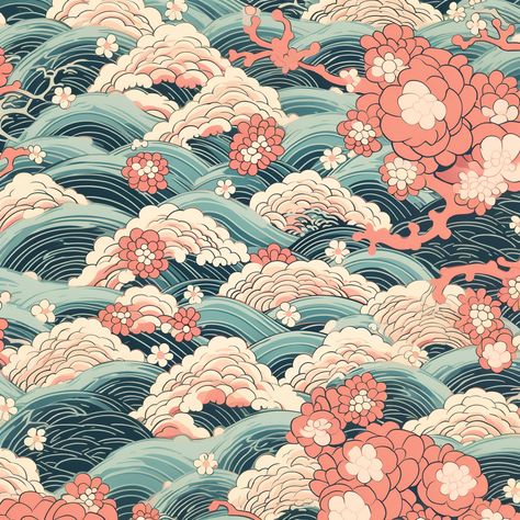 This is an attractive image of a beautiful Japanese wave and flower design. The wave pattern dances elegantly and the flowers are in full bloom, which can be seen at a glance. This design gives off a traditional Japanese feel. The appeal of Japanese patter Japanese Style Graphic Design, Korean Pattern Traditional, Japan Pattern Design, Japanese Patterns Traditional, Japanese Design Graphic, Japanese Texture, Japanese Flower Pattern, Traditional Japanese Aesthetic, Japanese Ornaments