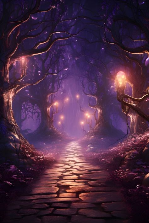 A magical forest swathed in eerie purple light can be seen. Surprisingly, the crystals lighting the way have a warm glow that draws you to them. Leafless, gnarled trees can be seen on either side and the deeper you go along the path, the deeper the purple fog becomes. 

Check out matching stickers that fit this gothic aesthetic on Aura Dreamer Co. Witchy Aesthetic Wallpaper, Background Witchy, Aesthetic Wallpaper Halloween, Spotify Playlist Names, Gojo Satoru Wallpaper, Jjk Wallpaper, Cobblestone Path, Purple Lantern, Fireplace Tv Wall Decor