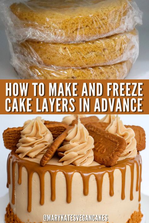 Learn my favorite way to prep cake layers! Making them in advance helps with frosting the cake smoothly and with splitting up the amount of time needed for making and decorating your cake. #tutorial #caketutorial #cake #vegancake #frost #buttercream #frosting #marykatesvegancakes How To Freeze Cake Layers, Freezing Cake Layers, How To Freeze Cake, Freezing Cakes Before Frosting, Freeze Cake, Unfrosted Cake, Chandelier Cake, Freezing Apples, How To Make Frosting