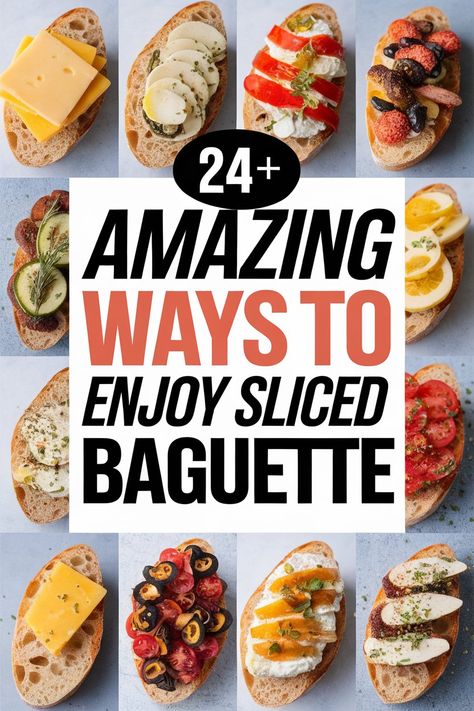 Delicious sliced baguette can elevate any meal or snack time. Picture crispy bruschetta topped with fresh tomatoes and basil or savory garlic bread to complement your pasta. Fancy a sweet twist? Try it with Nutella or honey. So many fun ways to enjoy this classic bread! Perfect for gatherings parties or just a cozy night in. https://ostrali.com/sliced-baguette Toppings For Baguettes, Baguette Uses, Toasted Baguette Slices Recipes, Recipes With Baguette Bread, Baquette Bread Appetizers, Baggett Bread Appetizer, French Baguette Ideas, Baguette Appetizer Ideas, Baguette Recipe Appetizers