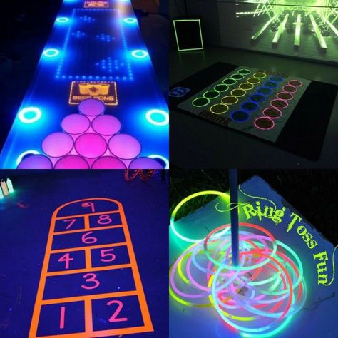 Party Themes Glow In The Dark, Glow Party Ideas Food, Light Up Party Ideas, Halloween Party Black Light, Neon Glow Birthday Party Ideas, Birthday Decoration Ideas Outside, Neon Glow Party Games, Neon Party Theme Decorations, Neon Outdoor Party