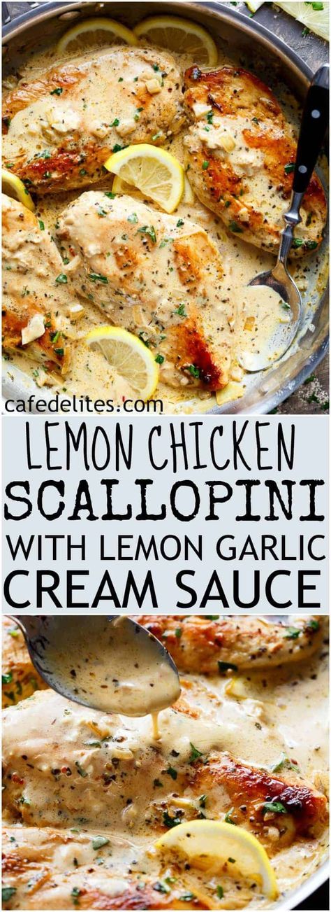 Reply Lemon Garlic Cream Sauce, Garlic Cream Sauce Recipe, Chicken Scallopini, Garlic Cream Sauce, Cafe Delites, Lemon Garlic Chicken, Chicken Entrees, Easy Dinner Recipe, Chicken Dishes Recipes