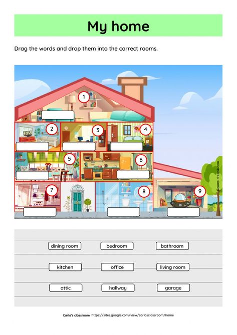 Rooms in the house interactive activity for beginners. You can do the exercises online or download the worksheet as pdf. English Liveworksheet, Number Words Worksheets, Education Worksheets, English Club, Kindergarten Reading Activities, English Teaching Materials, Esl Resources, English Games, English Worksheets For Kids