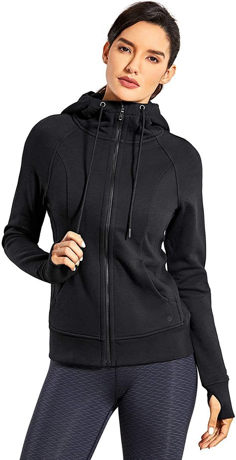 CRZ YOGA Women's Cotton Hoodies Sport Workout Full Zip Hooded Jackets Sweatshirt at Amazon Women’s Clothing store Walking Clothes, Dog Walking Outfit, Zipper Hoodie Women, Modest Workout Clothes, Modest Workout, Workout Sweat, Timberland Outfits, Yoga Hoodie, Black Hooded Jacket