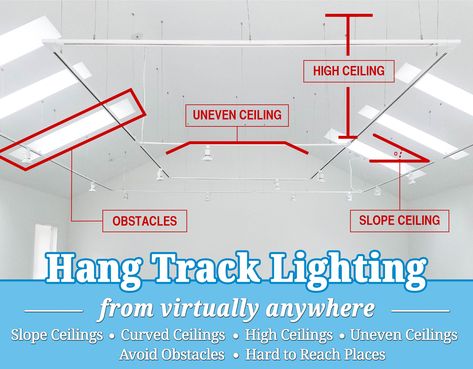 Suspend your track lighting from any height ceiling Sloped Ceiling Lighting Living Room, Lighting Sloped Ceiling, Suspended Track Lighting, Installing Light Fixture, Track Lighting Kitchen, High Ceiling Living Room, Track Lighting Fixtures, Track Light, Kitchen Pendants