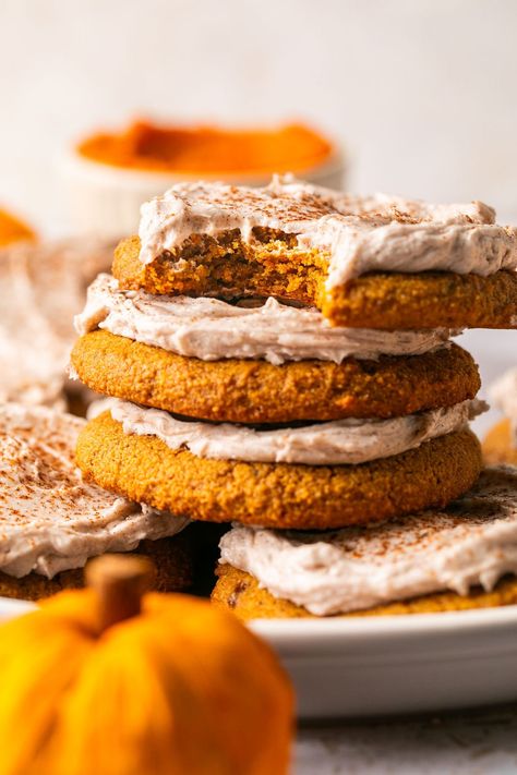 These gluten-free pumpkin cookies with a latte frosting will be your favorite fall dessert! They're made with almond flour, pumpkin puree, and a espresso powder frosting that will have you feeling like you're eating a pumpkin spice latte in cookie form. Almond Flour Pumpkin Cookies, Freezer Desserts Recipes, Almond Flour Pumpkin, Freezer Desserts, Gluten Free Pumpkin Cookies, Spice Frosting, Unbound Wellness, Breakfast Appetizers, Pumpkin Chocolate Chip Cookies