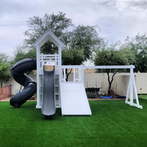 Ultimate Kids Backyard, Backyard Playset Ideas, Modern Playset, Backyard With Playground, Custom Playset, Backyard Play Area For Kids, Playset Landscaping, Kids Playset Outdoor, Grass Backyard