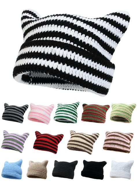 1pc Unisex Handmade Striped Knitted Hat With Cat Ears, Korean Style Y2K Street Hip Hop BeanieI discovered amazing products on SHEIN.com, come check them out! Cute Cat Beanie, Beanie Cat Ears, Cat Beanies, Cat Hat Crochet, Gatto Carino, Cat Eared Beanie, Women Beanie, Crochet Hat For Women, Cat Beanie