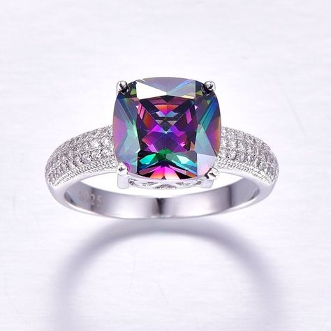 Wedding & Engagement, Women's 7.3 cttw Cushion Cut Created Mystic Rainbow Fire Topaz 925 Sterling Silver Engagement Ring - CF12N41KVI0  #Rings #style #Accessories #jewelry #Wedding #Engagement Rainbow Topaz, Rainbow Rings, Rainbow Fire, Sterling Silver Engagement Rings, Silver Engagement Rings, Vanuatu, Topaz Ring, Cushion Cut, Metal Stamping