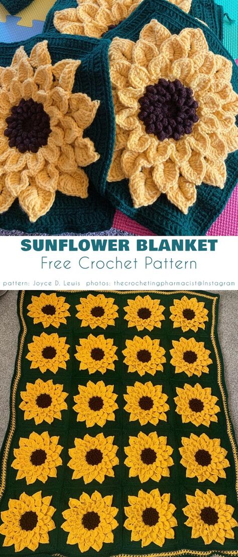 Sunflower Ideas and Free Crochet Patterns Sunflower Throw Blanket, Sunflower Blanket Crochet Pattern Free, Free Sunflower Granny Square Pattern, Fall Crochet Patterns Free Blanket, Sunflower Blanket Crochet Pattern, Sunflower Square Crochet Pattern, Sunflower Crafts Diy, Crochet Squares Pattern Free, Crochet Sunflower Pattern Free