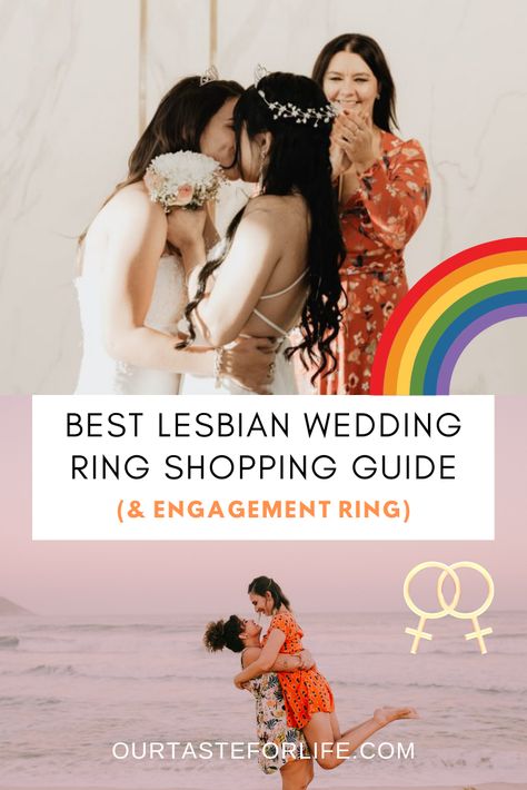 On the hunt for the perfect lesbian wedding ring or engagement ring? Our shopping guide will help you choose the ideal ring for you & your partner. #lesbianring #weddingringguide #engagementringguide #lgbt Wlw Engagement Ring, Lesbian Rings Engagement, Wedding Rings For Lesbian Couples, Engagement Rings Lesbian Couple, Queer Engagement Rings, Masc Lesbian Wedding Ring, Queer Wedding Rings, Masc Lesbian Engagement Rings, Lesbian Rings