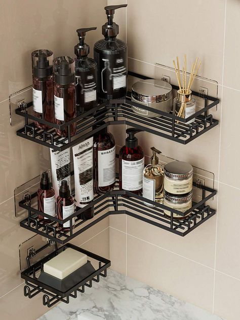 3pcs/Set Stainless Steel Bathroom Shelves, Including Corner Shower Shelf, Wall Mounted Shower Caddy, Shampoo Holder And Soap RackI discovered amazing products on SHEIN.com, come check them out! Small Shower Organization Ideas, Latest Bathroom Accessories, Lotion Organization, Shower Organizer, Corner Shower Caddy, Shower Rack, Shower Head Holder, Shower Organization, Small Showers