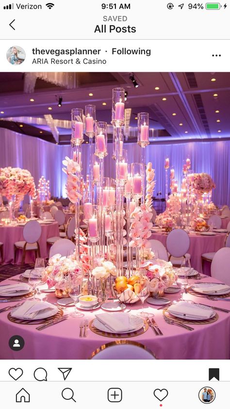 Pastel Reception, Aria Hotel Las Vegas, Tall Flower Centerpieces, Centerpieces Quinceanera, Unique Event Decor, Pink Wedding Receptions, Colorado Springs Wedding, Quinceanera Pink, Candelabra Wedding