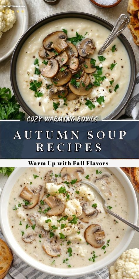 As the leaves change and the air turns crisp, it’s the perfect time to cozy up with a warm bowl of delicious soup. I love making these rich and hearty autumn soups, packed with fall flavors. Creamy mushroom soup with a sprinkle of fresh parsley is my go-to, and it’s great for sharing or enjoying on a chilly evening. Get ready to warm your heart and home! Autumn Soup Recipes, Autumn Soups, Autumn Soup, Creamy Mushroom Soup, Future Spouse, Fall Soup Recipes, Kale And Spinach, Fall Soups, Cozy Meals