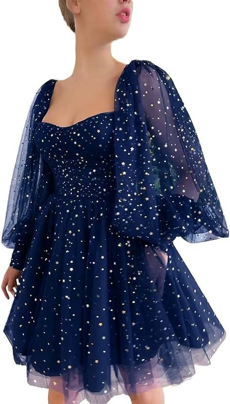 Cute Puffy Dress for the Midnights Era💙 Puffy Sleeve Prom Dress, Dress For Teens, Sleeve Prom Dress, Homecoming Dresses For Teens, Sweetheart Homecoming Dress, Homecoming Dresses Sparkly, Tulle Homecoming Dress, Long Sleeve Dress Formal, Princess Ball Gowns