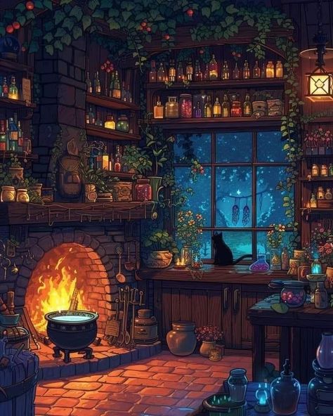 Witch Cottage She Shed, Cottage Witch Wallpaper, Witch Room Art, Cozy Art Aesthetic, Witch Interiors, Cluttered Interior, Fantasy Cottage Art, Witch Room Aesthetic, Witch Cottage Interior