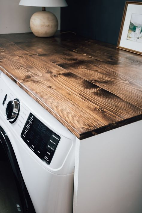 Tabletop For Washer And Dryer, Diy Shelf On Top Of Washer And Dryer, Board On Top Of Washer And Dryer, Washer And Dryer Table Top, Washer And Dryer Area Ideas, Washer Dryer Folding Counter, Wooden Shelf Above Washer And Dryer, Washer And Dryer With Countertop, Wood Above Washer And Dryer