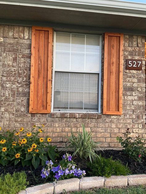 Exterior Facelift, Wood Shutters Exterior, Window Shutters Exterior, Paint House, Outdoor Shutters, Brick Homes, Cedar Shutters, Craftsman Homes, Shutter Designs