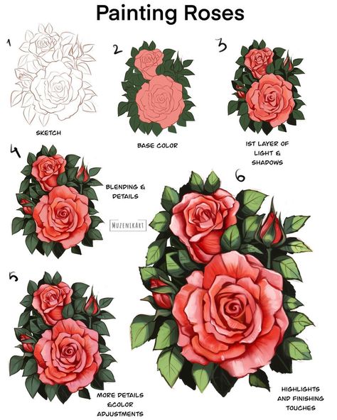 Painting A Rose, Rose With Leaves, Roses With Leaves, Procreate Ipad Pro, Flower Step By Step, Painting Roses, Procreate Tips, Procreate Tutorials, Reference For Drawing