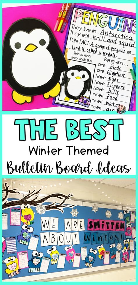 Create these fun winter theme bulletin board ideas with winter crafts! Your elementary students will love these easy winter crafts and art time and it makes a great bulletin board idea for January. Pick your favorite of 6 different ideas and some include writing activities too! This way you can show off your students work as well. Find out more here. Best Bulletin Board Ideas, Penguin Classroom Theme, January Bulletin Board Ideas, Student Work Bulletin Board, Winter Bulletin Board Ideas, December Bulletin Boards, Writing Bulletin Boards, Wonderland Crafts, Winter Bulletin Board