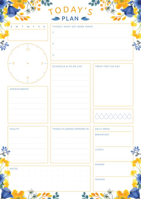 Colored Daily Planner Template with flowered pattern. Sections available in this template: Date Clock face, Appointments, Things I must get done today, Schedule & To Do List, Treat for the day, Things I'm looking forward to, Water intake Daily Menu Health Notes  #todolist #bestdailyplanner #printabledailyplanner #papergoods #freeprintable Health Notes, Daily Planner Printables Free, To Do Planner, Undated Daily Planner, To Do Lists Printable, Print Planner, Daily Planner Pages, Water Intake, Planner Printables Free