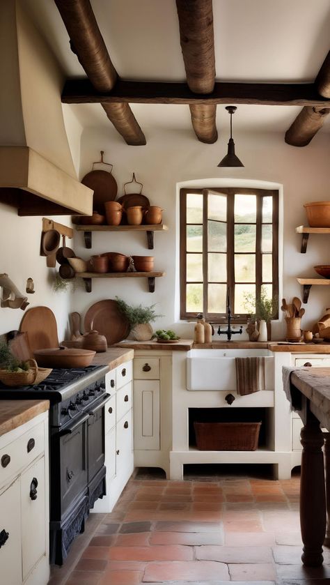 Discover the rustic charm of this South African kitchen. 🏡 Whitewashed walls, dark beams & a thatched roof create a cozy backdrop for antique wood & modern white cabinets. 🧱 Terracotta floors & a wrought-iron chandelier add warmth. 📌 Pin for a global, inviting space! White Dark Wood Kitchen, White Dark Brown Kitchen, Black And Terracotta Kitchen, Wood Flooring Ideas Kitchen, South African Kitchen Design, African Kitchen Design, Terracotta Floor Kitchen, Italian Kitchen Aesthetic, Kitchen With Terracotta Floor