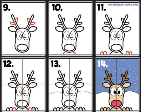 Learn How to Draw Rudolph the Red Nosed Reindeer Looking in Window Simple Steps Drawing and Art Lesson for Kids on Christmas Steps Drawing, Trin For Trin Tegning, Reindeer Drawing, Easy Christmas Drawings, Christmas Window Painting, Window Drawing, Directed Drawing, Christmas Doodles, Art Lessons For Kids